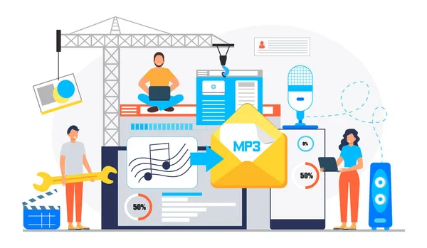 Concept Convertisseur Mp3 Avec Des Personnes Minuscules Écran Avec Changement — Image vectorielle