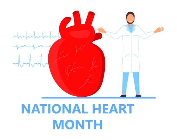 Nemzeti Szív Hónap Koncepció Vektor Szívbetegségek Orvosi Táskával Ekg Val — Stock Vector