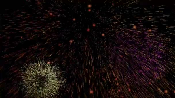 都市のアニメーションレンダリングビデオでトレンディな花火 パーティーフェスティバルのお祝いや記念日の爆竹Bのためのお祝いの火花火 クリスマスやマルディグラやブラジルのカーニバルの花火 — ストック動画
