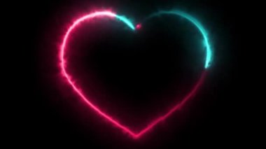 Neon parıltısı kalp şekli hareketi. Sevgililer Günü davetiyesi animasyonu. Aşk ilanı videosu. Elektrik, enerji, disko vuruşları, çizgiler, siyah arkaplan klipinde hareket eden çizgi.