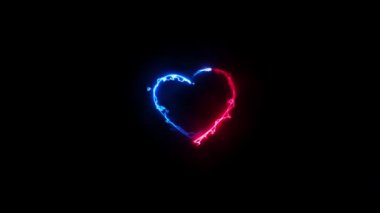 Neon parıltısı kalp şekli hareketi. Sevgililer Günü davetiyesi animasyonu. Aşk ilanı videosu. Elektrik, enerji, disko vuruşları, çizgiler, siyah arkaplan klipinde hareket eden çizgi.