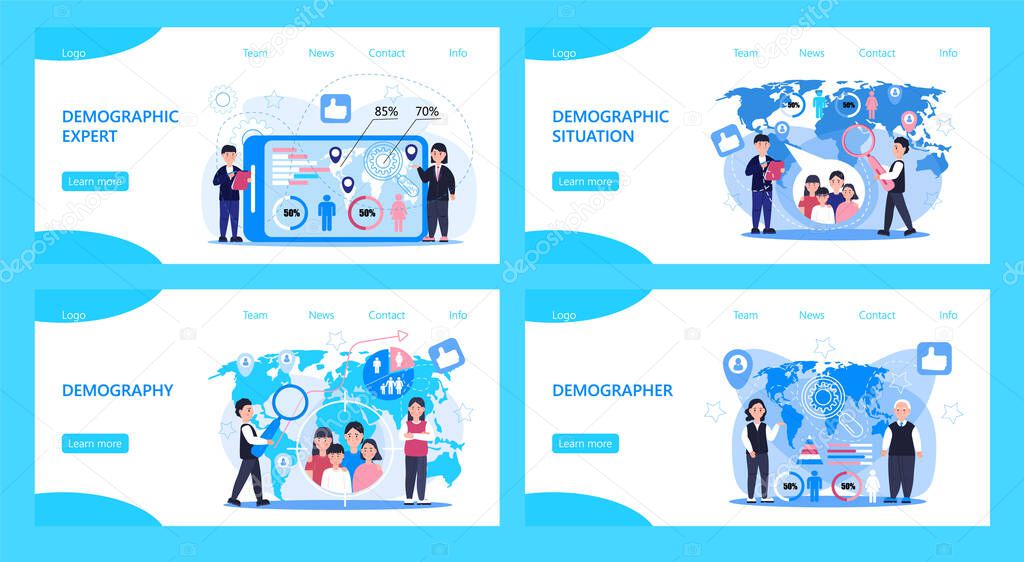 Demographer concept vector set for landing page. Growth population in the world. Demographic experts analyzing data numbers of women, men, families. Diagrams, map, label are shown.