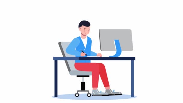 Animación de trabajador remoto en estilo plano, diseñador gráfico con dibujo de computadora en tableta. Diseñador web exitoso, freelancer está trabajando en la oficina en casa. — Vídeo de stock
