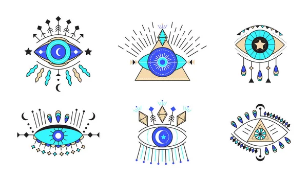 Kem göz ikonu vektörü ayarlandı. Tanrı 'nın Renkli Gözü ve ezoterik semboller. Tarot kartları için sihirli işaretler. Cadı tılsımı, simya ve sihirli dövme.. — Stok Vektör