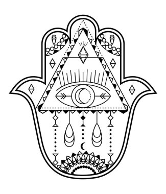 Hamsa el vektörü mistik, gizemli semboller piramit gibi, kem göz. Hint renk sayfası, dövme, kına illüstrasyonu. Cadı, astrolojik, okült sanat.