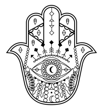 Hamsa el vektörü mistik, gizemli semboller piramit gibi, kem göz. Hint renk sayfası, dövme, kına illüstrasyonu. Cadı, astrolojik, okült sanat.