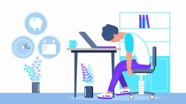 Profesyonel hayatta yanma, duygusal çöküş konsepti videosu. Hüsrana uğramış bir serbest yazar masada oturuyor. Ofiste stresli genç bir adam. Beyin fırtınası bitti..