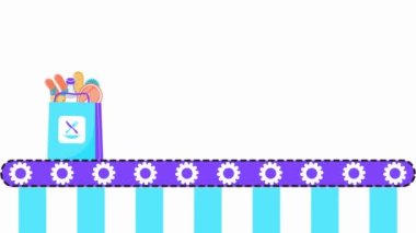 Yemek teslimatı animasyon hareketi. Taşıyıcı müşteriler için gıda paketleri paketliyor. Sosis, ekmek, süt..