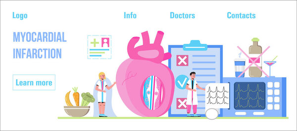 Myocardial infarction concept vector for medical website, header, blog. Heart attack, cardiac infarction with tiny doctors, cardiogram, artery, heart, diet plan in the post-infarction period.