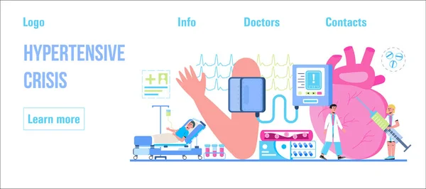 Hypertensive crisis concept. Health concept of hypotension and hypertension disease tiny doctors treat. Symptoms and prevention blood pressure, it is landing page, header, blog.