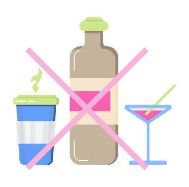 Alkol işareti konsepti yok. Heath Life 'da kahve ve abur cubur yok. Hasta için diyet tavsiyeleri. Bardak, şarap şişesi gösteriliyor. İçki ikonunu durdur.