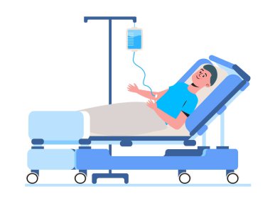 Klinik konsept vektöründe serum, antibiyotik ve damlalar yoluyla hasta yatakta yatar ve uyuşturucu alır..