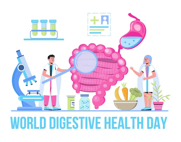 Der Weltverdauungstag wird am 29. Mai gefeiert. Probiotische Bakterien im Darm, Laktobacillus infografischer Illustrationsvektor. Winzige Ärzte behandeln Magen — Stockvektor