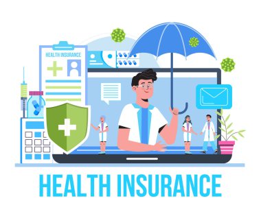 Tıbbi, sağlık sigortası vektör konsepti, doktorlu insanlar çevrimiçi sağlık sigortası formu dolduruyor. Sigorta faturasını hesaplamak için ajan servisine yardım et. başlık, ui, web, mobil uygulama için kullanılabilir.