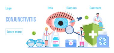 Conjunctivitis konsept vektörü. Sağlık pankartı için göz doktoru konsepti. Glaukoma tedavisi konsept vektörü. Tıbbi göz doktorunun görüşü küçük insanları kontrol ediyor. Miyopluk, miyopluk gösterilir