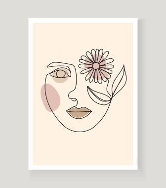 Soyut duvar sanat vektöründe Boho kadınlarının yüzleri. Gerçeküstü portre, kız yüzü sürekli çizgi şeklinde. Modaya uygun çiçek, botanik soyut resim, poster için minimalist sanat tarzı, duvar sanatı.