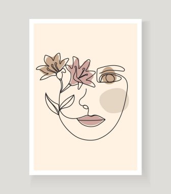 Soyut duvar sanat vektöründe Boho kadınlarının yüzleri. Gerçeküstü portre, kız yüzü sürekli çizgi şeklinde. Modaya uygun çiçek, botanik soyut resim, poster için minimalist sanat tarzı, duvar sanatı.