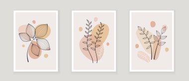 Bir satır soyut sanat yaprağı. Botanik baskılar duvar sanatı için boho vektörü ayarlandı. Çizgi çizgisi olan bir bohem tarzı. Kapak, poster, duvar kağıdı için minimalist soyut bitki dalı sanat boho tasarımı.