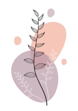Bir satır soyut sanat yaprağı. Botanik baskılar duvar sanatı için boho vektörü ayarlandı. Çizgi çizgisi olan bir bohem tarzı. Kapak, poster, duvar kağıdı için minimalist soyut bitki dalı sanat boho tasarımı.