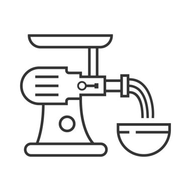 Kıyma makinesi pikseli mükemmel ikon vektörü. Mutfak küçük alet hattı tabelası. Uygulama ve web için ev aletleri sembolü. Aşçılık ekipmanları gösteriliyor.