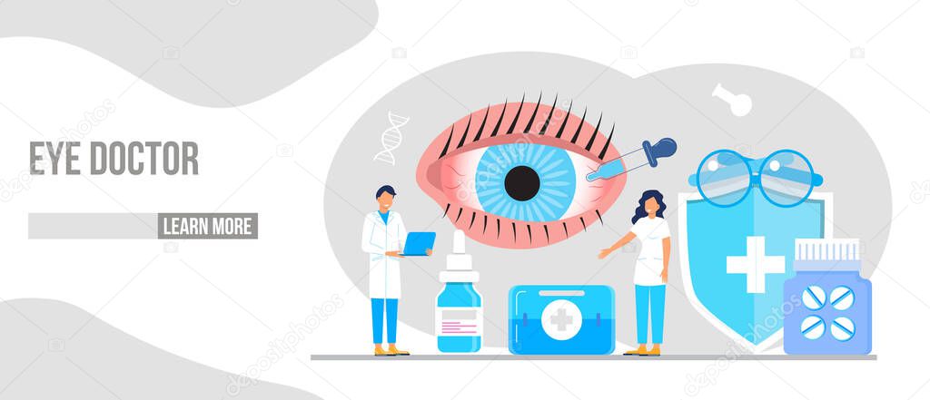 Eye doctor, oculist concept for health care banner, mobile website. Glaucoma treatment concept vector. Medical ophthalmologist eyesight check up with tiny people. Myopia concept vector app.