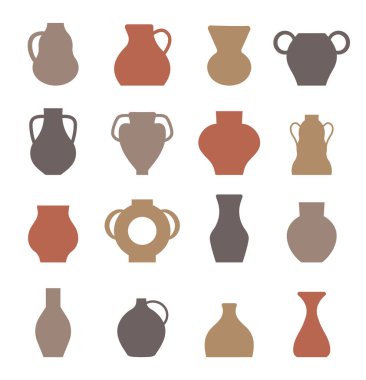 Jug boho vektör kümesi. Vazo, kap, bohem tarzında amforo elementler. Tunuslu, Cezayirli moda soyut tencereler. Bohem Fas seramik vazosu, sürahi.
