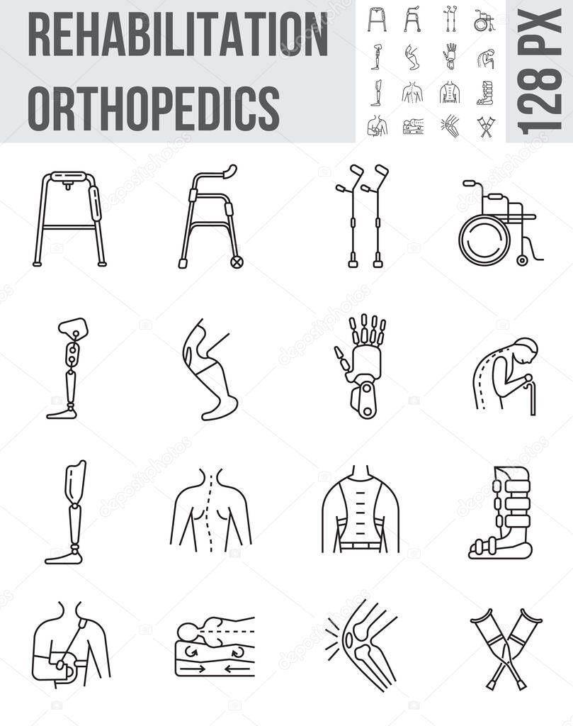 Orthopaedic rehabilitation icons set vector. Physical therapy line collection. Prosthetics symbols for web design, app. Arm brace, leg and back brace, wheelchair are shown. Arthritis, osteoporosis