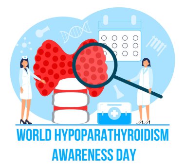 Dünya hipoparathyroidizm günü konsept vektörü. Sağlık ve sağlık etkinliği 1 Haziran 'da kutlanır. Endokrinologlar insan tiroid bezini teşhis edip tedavi ederler. Hormonlar üzerinde test.