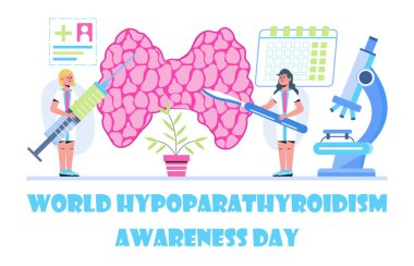 Dünya hipoparathyroidizm günü konsept vektörü. Sağlık ve sağlık etkinliği 1 Haziran 'da kutlanır. Endokrinologlar insan tiroid bezini teşhis edip tedavi ederler. Hormonlar üzerinde test.