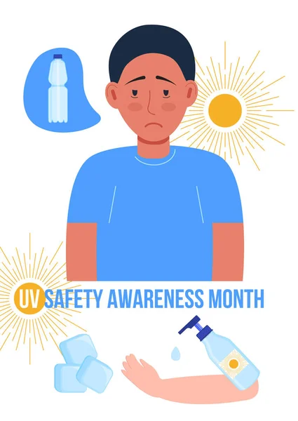 紫外线安全意识月概念载体 医疗活动在7月庆祝 瓶装水和防晒霜 冰是防止中暑的措施 过热的急救 太阳晒黑了 — 图库矢量图片