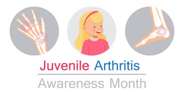 Juvenile arthritis awareness month concept vector. Rheumatoid arthritis of foot, arm. Treat rheumatism, osteoarthritis, make ultrasound, x ray. World arthritis day, polyarthritis sign. clipart