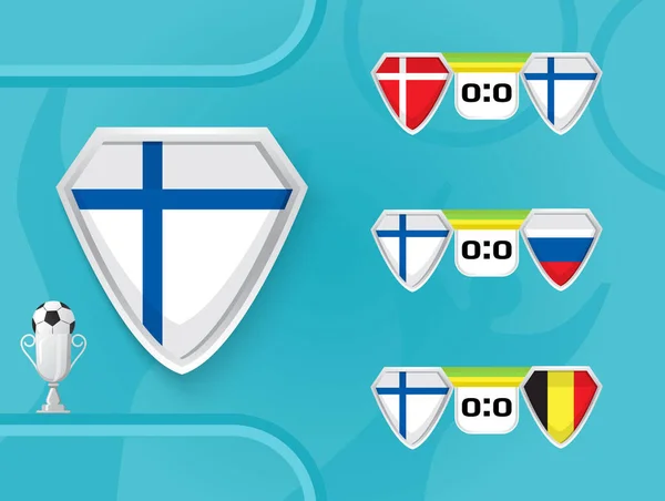 Расписание Матчей Сборной Финляндии Футболу Чемпионате Европы 2020 Щиты Флагом — стоковый вектор