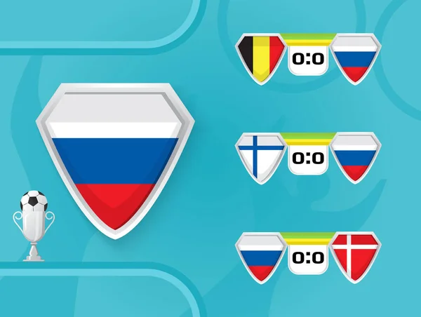 Расписание Матчей Сборной России Футболу Чемпионате Европы 2020 Щиты Флагом — стоковый вектор