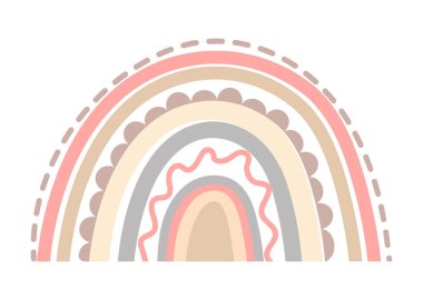 Pastel renkli şirin gökkuşağı vektörü. Bebek gökkuşağı, damlalar, kalp, yıldızlar, beyaz arka planda izole bulutlar. Çocuklar için basılabilir poster çizimi.