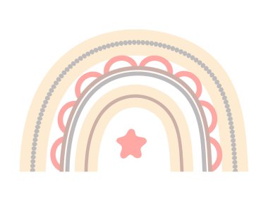 Pastel renkli şirin gökkuşağı vektörü. Bebek gökkuşağı, damlalar, kalp, yıldızlar, beyaz arka planda izole bulutlar. Çocuklar için basılabilir poster çizimi.
