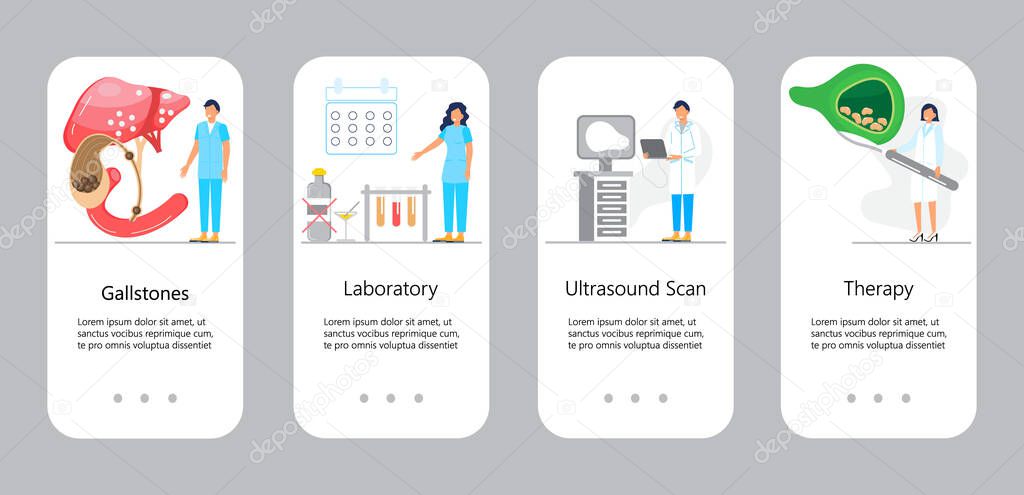 Gallbladder concept app vector. Doctors treat gallstones. Biliary dyskinesia ptoblems. Healthcare, medical template for medical website, banner, app pages. Medical supplies and pills are shown.