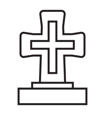 İnce çizgi şeklinde cenaze ikonu vektörü. Mezar taşı, mezar taşı işareti. Haçlı bir tabut. Cenaze evinin sembolü..