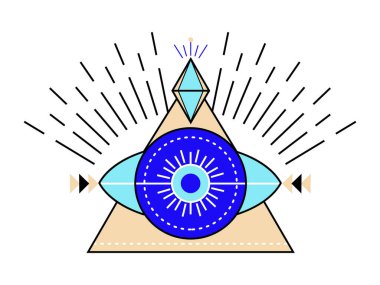 Kem göz ikonu vektörü. Tanrı 'nın Renkli Gözü ve ezoterik semboller. Tarot kartları için sihirli işaretler. Cadı tılsımı, simya ve sihirli dövme. Şanslı hatıra koleksiyonu..