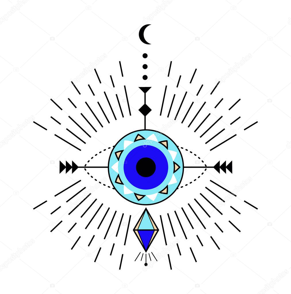 Evil eye icon vector. Colorful Eye of providence and esoteric symbols. Magic signs for tarot cards. Witchcraft talisman, alchemy and magic tattoo in line style. Lucky souvenir collection.