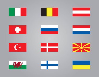 Macaristan, Belçika, Avusturya bayrak vektörü seti. Rusya, Fransa ve İsviçre 'den bir işaret. Makedonya, Ukrayna, Galler 'in sembolü. İnternet sitesi için Türkiye, İngiltere ve Danimarka simgeleri