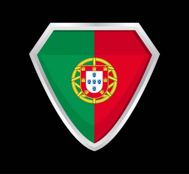 Portekiz bayrak vektörü. Portekiz devletinin işareti. Kırmızı ve yeşil tuval ve amblemi olan bir kalkan.
