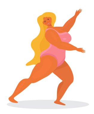 Vücut pozitif kız vektörü. Mutlu ve cüsseli bir kadın mayo giyiyor ve gülümsüyor. Aktif, sağlıklı bir yaşam tarzı ve vücut çizimine bayılıyorum. Yaz zamanı, dinlenme, tatil.