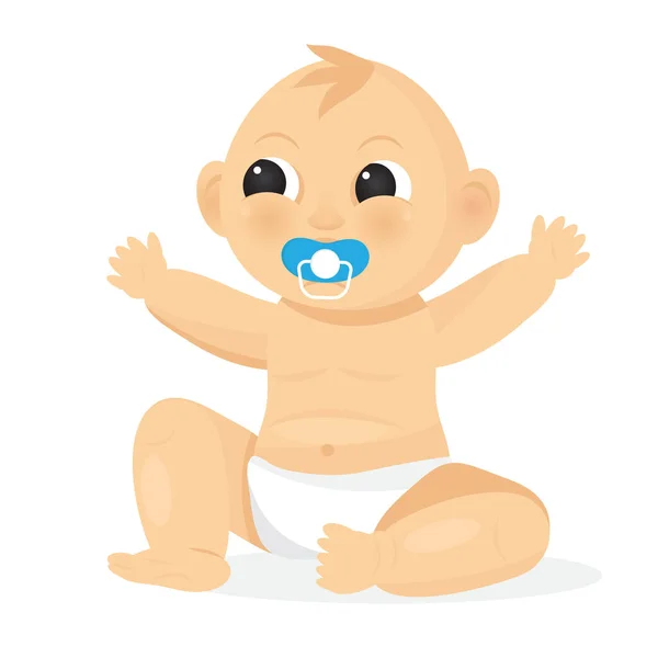 新生児は座ってペースメーカーを吸っている 漫画の赤ん坊はオムツを着ている 幸せな幼児概念ベクトル — ストックベクタ
