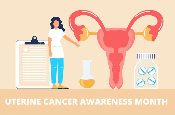 Uterine Cancer Awareness Month Concept Vector Medical Website 活动在9月举行 小医生用放大镜检查子宫以治疗宫颈癌 — 图库矢量图片