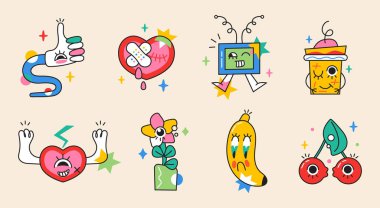 Çılgın etiket vektör seti. Moda el çizimi tarzında kızgın gözlü soyut komedi karakteri. Televizyon, muz, kahve fincanı, kiraz, sosyal ağlar için kırık kalp parlak renklerde..