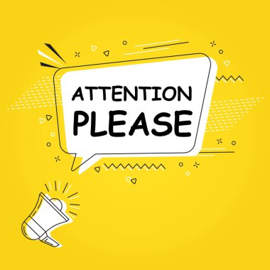 Parlak sarı arkaplanda kabarcık vektörünün dikkatine. Komik konuşma balonu. Çizgi roman patlaması. Megafonlu renkli konuşma balonu. Uygulama için masajlar ve konuşma işaretleri, web.