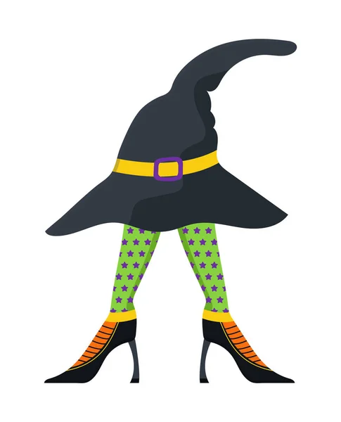 脚のベクトルを変える ハロウィーンの面白い 怖い足のブーツ ヴィンテージ 魔女のカラフルなストッキング ピエロのコミックストライプの靴下 ブーブーハロウィンパーティー招待状 — ストックベクタ