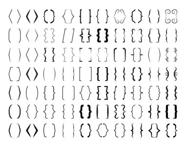 Curly brace set vector. Text brackets collection for messages, quotas. Oval, square, retro parentheses and punctuation shapes. clipart