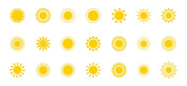 Parlak güneş ikonları vektör belirler. Beyaz izole arkaplanda günbatımı logosu... güneş simgesi silueti. İklim, hava şartları.