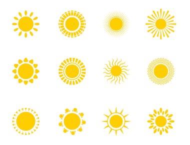 Parlak güneş ikonları vektör belirler. Beyaz izole arkaplanda günbatımı logosu... güneş simgesi silueti. İklim, hava şartları.